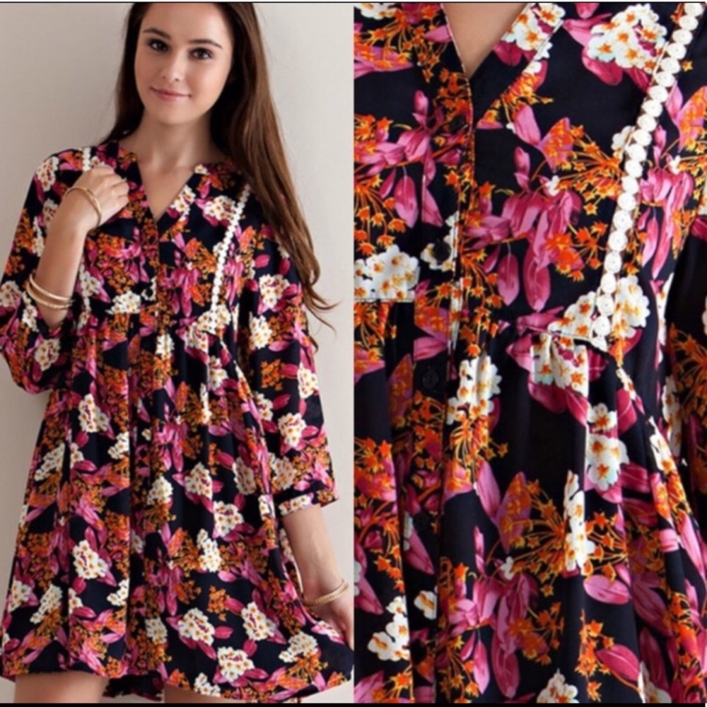 Entro Floral Babydoll Dress Boho Tunic Size Medium